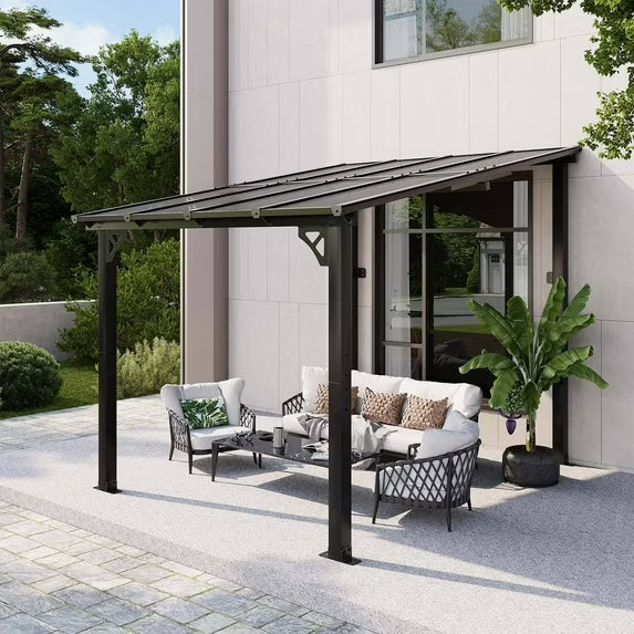 Clouddwell 8'x 10' Wall-Mounted Gazebo Pergola with Aluminum Top Frame & Polycarbonate Panel, Large Heavy-Duty Awnings for Backyard Gray