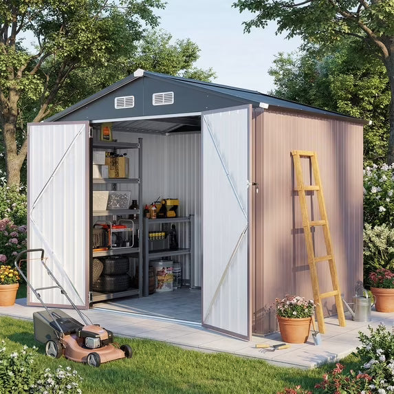 Clouddwell 8 x 6 FT Shed Outdoor Storage Shed with Double Hinged Large Door, Large Metal Shed with Lockable Door & Sloped Roof for Garden, Patio and Backyard, Brown