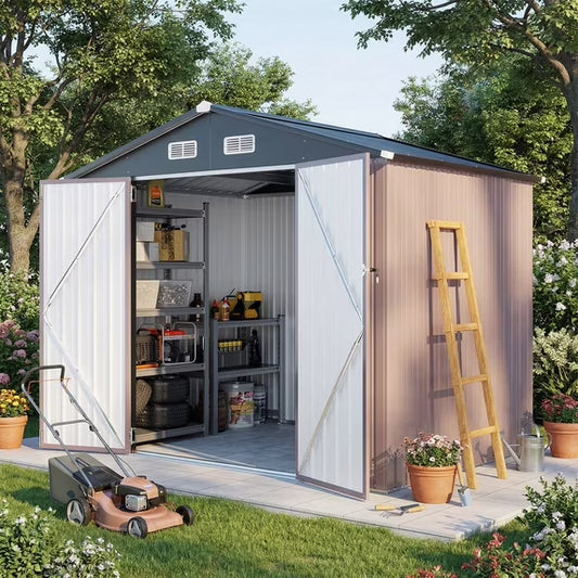 Clouddwell 8 x 6 FT Shed Outdoor Storage Shed with Double Hinged Large Door, Large Metal Shed with Lockable Door & Sloped Roof for Garden, Patio and Backyard, Brown