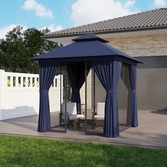 Clouddwell 8'x 8' Patio Gazebo Double Roof Protection All-Weather Outdoor Shelter Features Insect Screens & Privacy Curtains Ideal for Backyard, Lawn, (Blue)