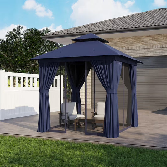 Clouddwell 8'x 8' Patio Gazebo Double Roof Protection All-Weather Outdoor Shelter Features Insect Screens & Privacy Curtains Ideal for Backyard, Lawn, (Blue)