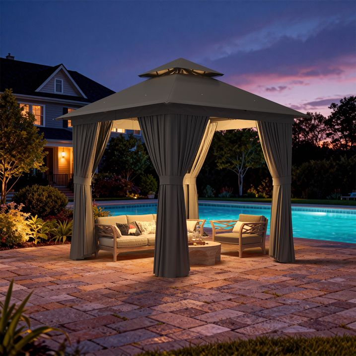 Clouddwell 8'x 8' Patio Gazebo Double Roof Protection All-Weather Outdoor Shelter Features Insect Screens & Privacy Curtains Ideal for Backyard, Lawn, (Gray)