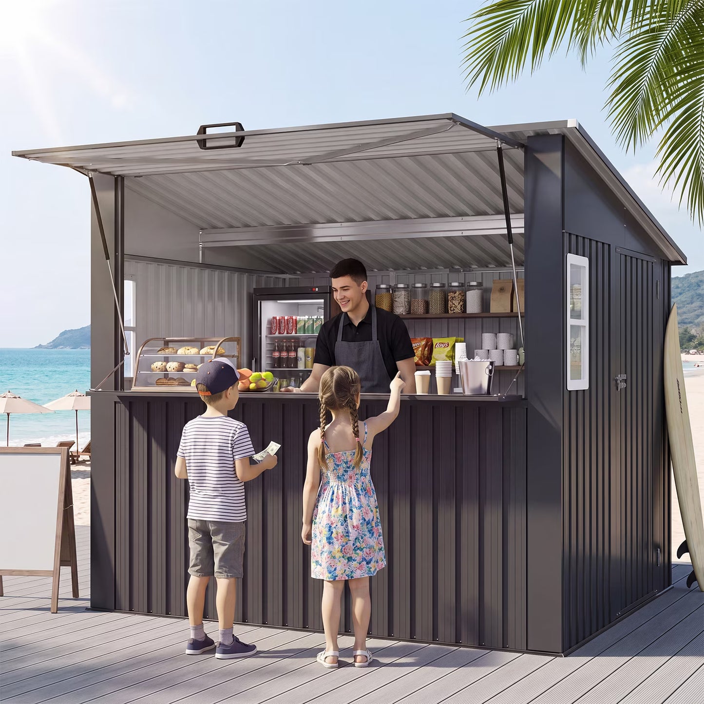 Clouddwell 8'x7' Outdoor Bar Shed with Fold-Down Counter, Metal Storage Shed with 2 Windows, TV Mount, Canopy, Outside Bar for Backyard, Patio, Beach, Commercial, Black