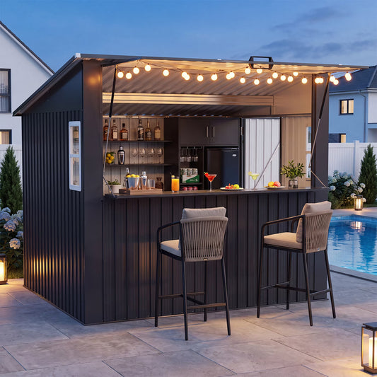 Clouddwell 8'x7' Outdoor Bar Shed with Fold-Down Counter, Metal Storage Shed with 2 Windows, TV Mount, Canopy, Outside Bar for Backyard, Patio, Beach, Commercial, Black