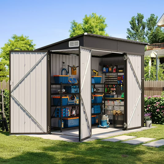 Clouddwell 8ft x 4ft Heavy-Duty Metal Storage Shed with 3 Doors, Lockable Lean-To Design, Weatherproof for Garden & Tools (Black)