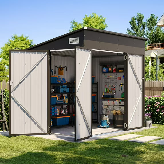 Clouddwell 8ft x 6ft Heavy-Duty Metal Storage Shed with 3 Doors, Lockable Lean-To Design, Weatherproof for Garden & Tools (Black)