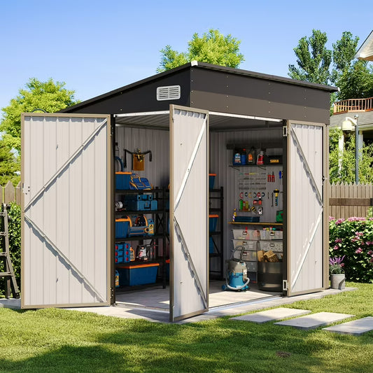 Clouddwell 8ft x 6ft Heavy-Duty Metal Storage Shed with 3 Doors, Lockable Lean-To Design, Weatherproof for Garden & Tools (Brown)