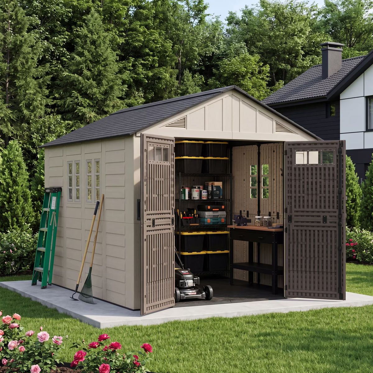 Clouddwell 8x10 FT Outdoor Storage Shed with Floor, HDPE Resin Garden Storage House with Double Doors, Windows & Ventilation, Heavy Duty Backyard Tool Shed for Lawn Equipment and Garden Supplies