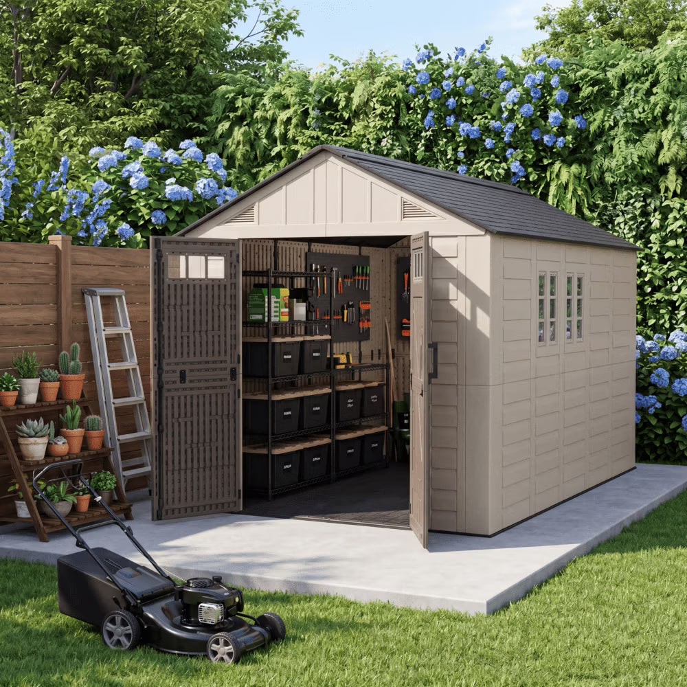 Clouddwell 8x12 FT Outdoor Storage Shed with Floor, HDPE Resin Garden Storage House with Double Doors, Windows & Ventilation, Heavy Duty Backyard Tool Shed for Lawn Equipment and Garden Supplies