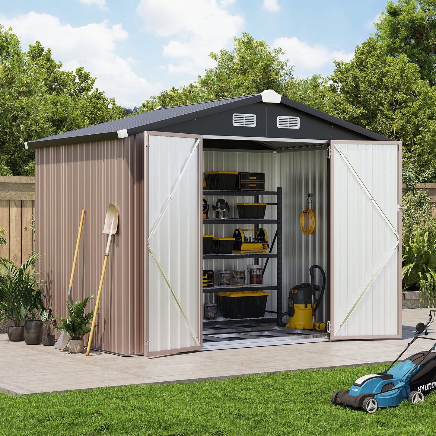 Clouddwell 8x6 ft. Metal Storage Shed with Base, Galvanized Steel Outdoor Garden Shed (Brown)