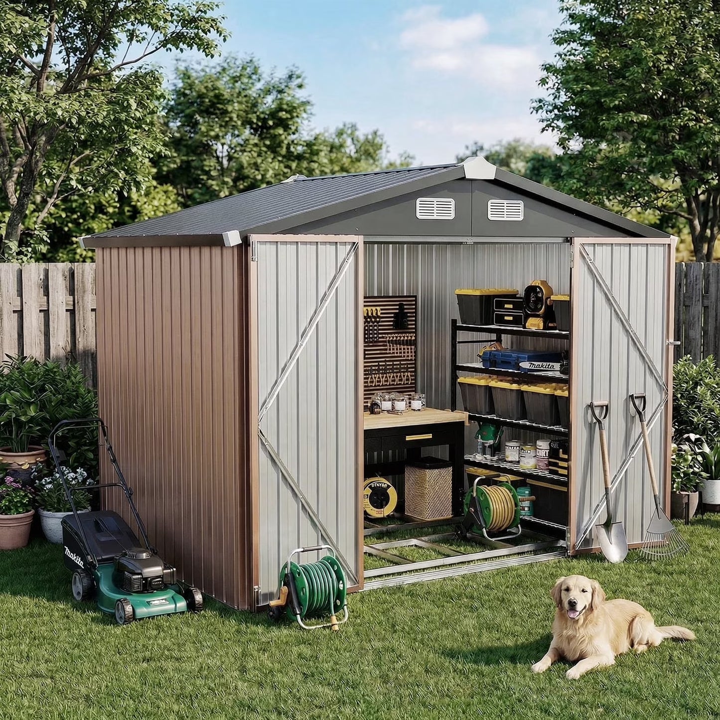 Clouddwell 8x6 ft. Outdoor Storage Shed with Base, Brown Metal Garden Shed with Double Lockable Doors for Backyard, Patio