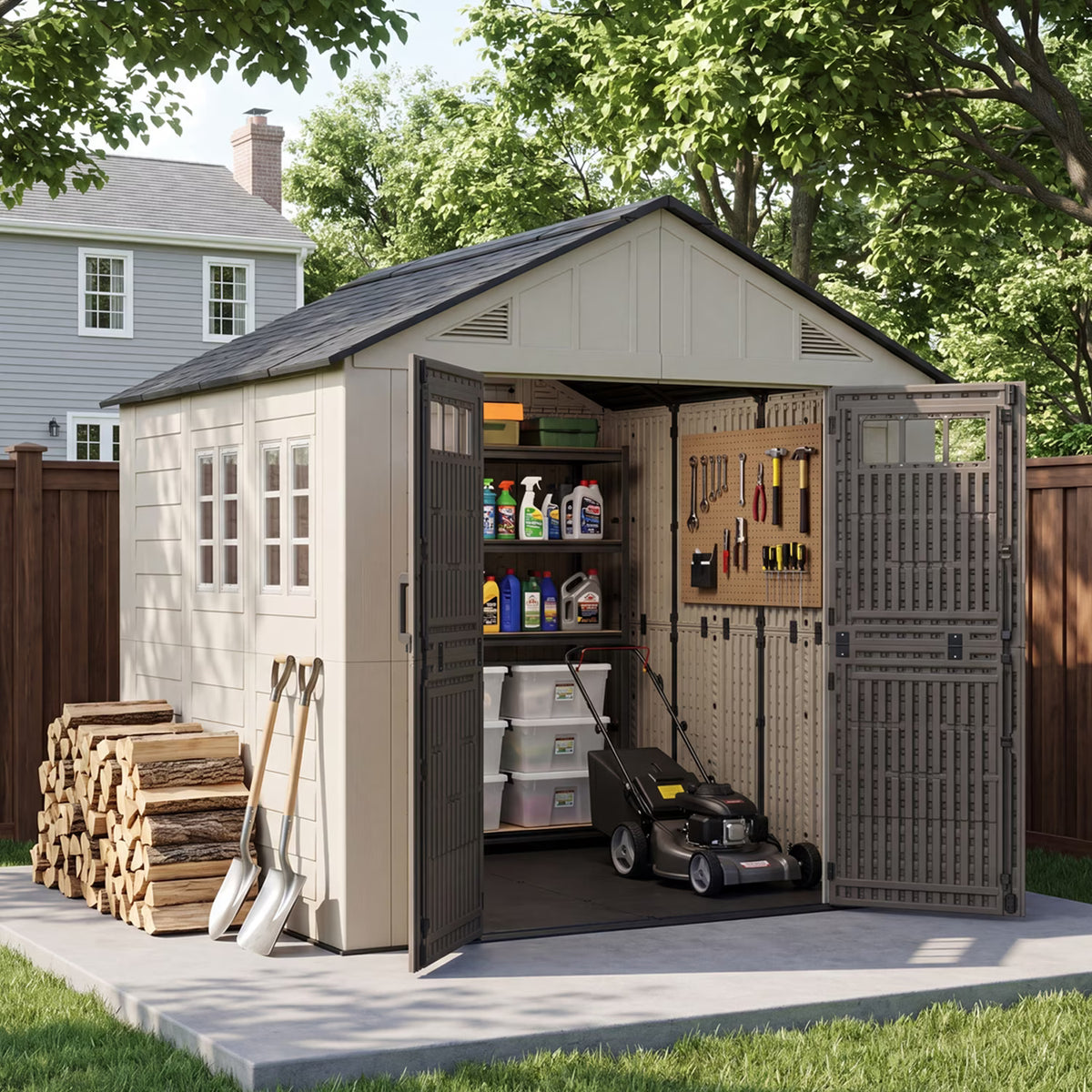Clouddwell 8x8 FT Outdoor Storage Shed with Floor, HDPE Resin Garden Storage House with Double Doors, Windows & Ventilation, Heavy Duty Backyard Tool Shed for Lawn Equipment and Garden Supplies