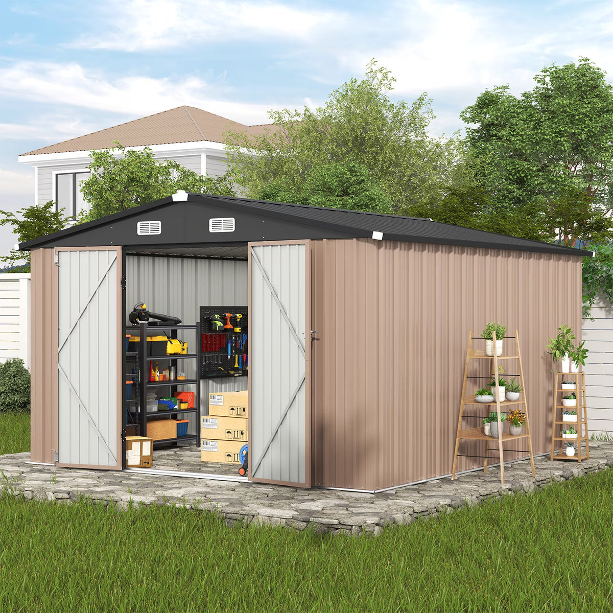 Clouddwell 9.5x11.9 ft. Metal Storage Shed, Weather Resistant Steel Garden Shed with Lock for Outdoor Backyard, Brown