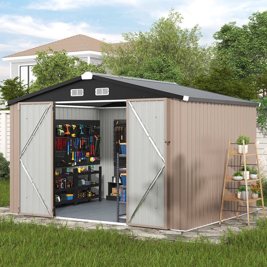 Clouddwell 9.5x7.5ft Galvanized Steel Storage Shed with Floor & Double Doors - Brown