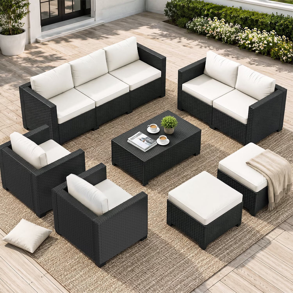 Clouddwell 9 Seats Patio Furniture Set with Storage Coffee Table, All Weather Wicker Outdoor Sectional With Thickened Cushion and Waterproof Cover, Beige
