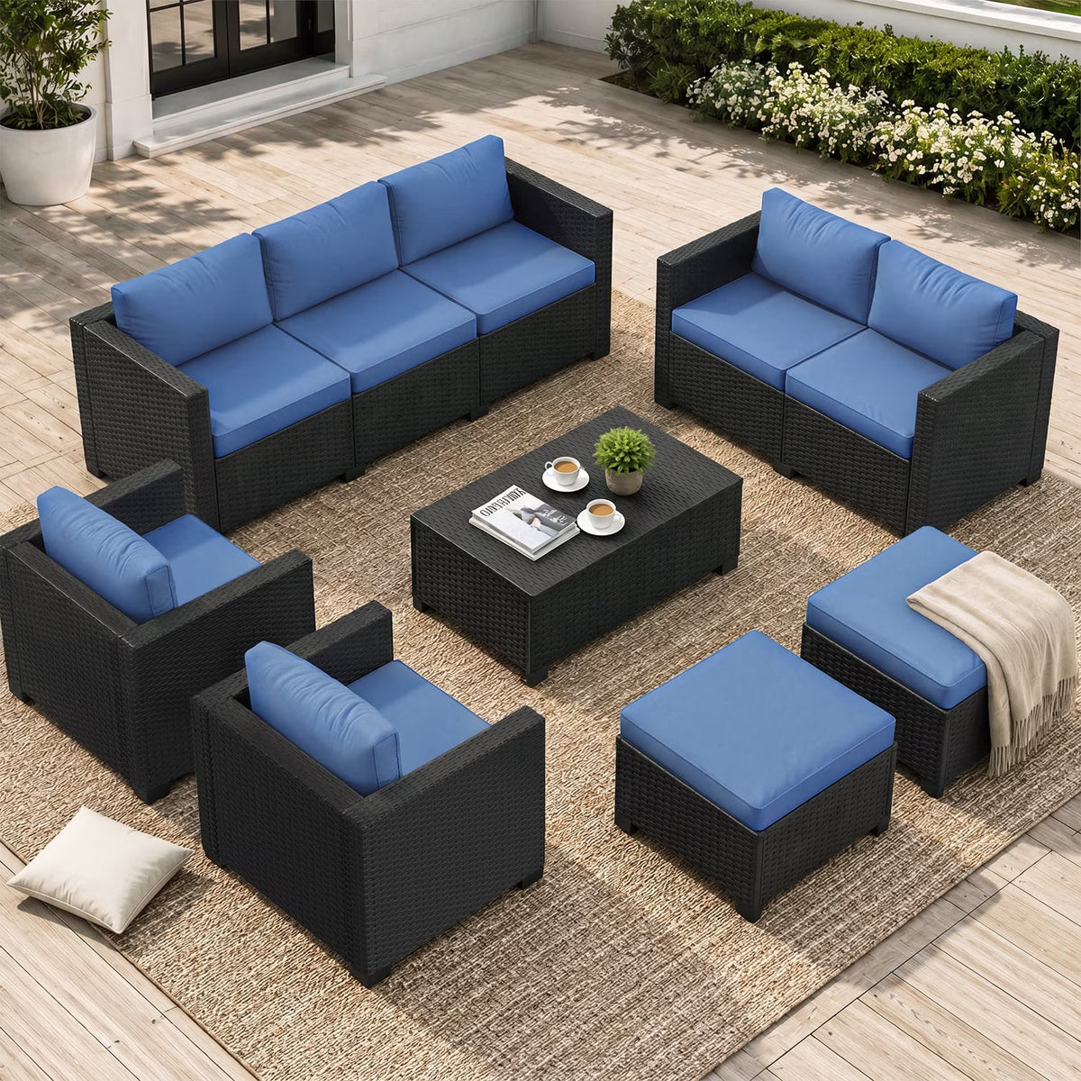 Clouddwell 9 Seats Patio Furniture Set with Storage Coffee Table, All Weather Wicker Outdoor Sectional With Thickened Cushion and Waterproof Cover, Blue
