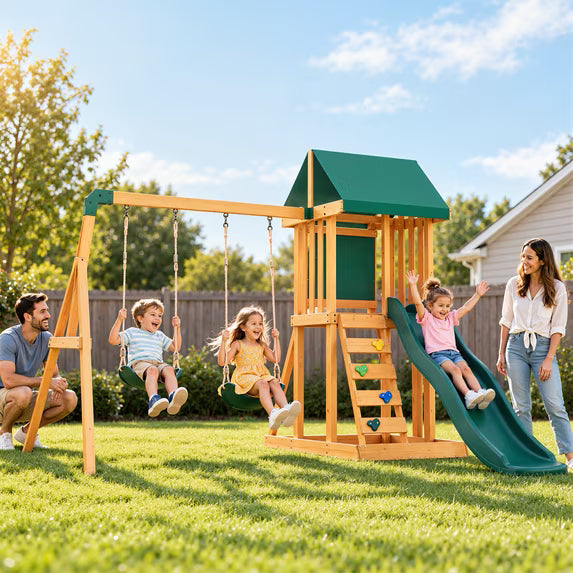 Clouddwell Backyard Wooden Swing Set – Outdoor Playground with Slide, Play Deck, Rock Wall Ladder, Belt Swings & Chalkboard