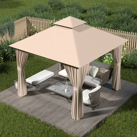 Clouddwell Beige 10'x10' Patio Gazebo – Sturdy Metal Frame Party Tent with Dual Roof Design, Bug Netting & Side Panels for Backyard, Lawn, or Deck