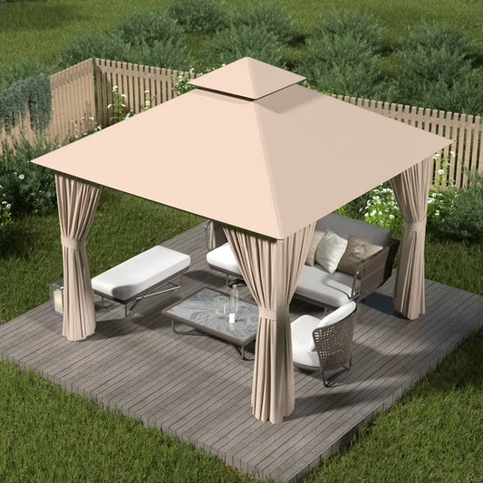 Clouddwell Beige 10'x10' Patio Gazebo – Sturdy Metal Frame Party Tent with Dual Roof Design, Bug Netting & Side Panels for Backyard, Lawn, or Deck