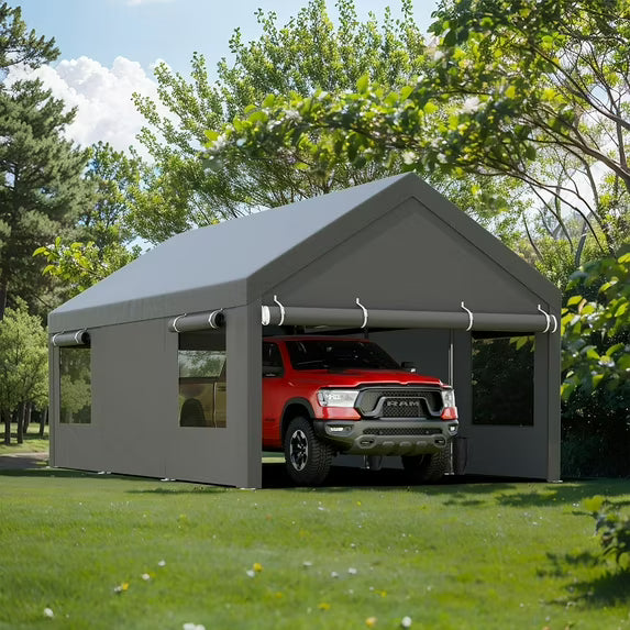 Clouddwell Carport, 12x20 FT Heavy Duty Carport with Removable Side Walls and Doors, Car Canopy with All-Season Tarp for Cars, Grey