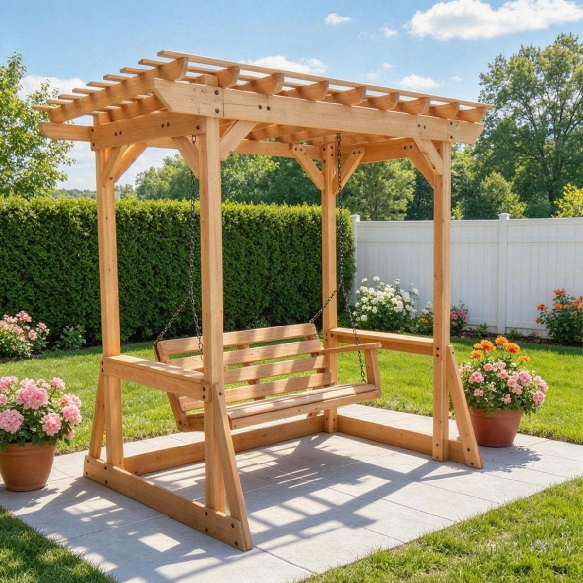 Clouddwell Cedar Wood Outdoor Pergola Swing Bench with Lattice Trellis, 8 ft x 5 ft, 2-Seat Hanging Porch Swing with Chains, Weather-Resistant, 600 lb Weight Capacity for Deck, Patio, Garden