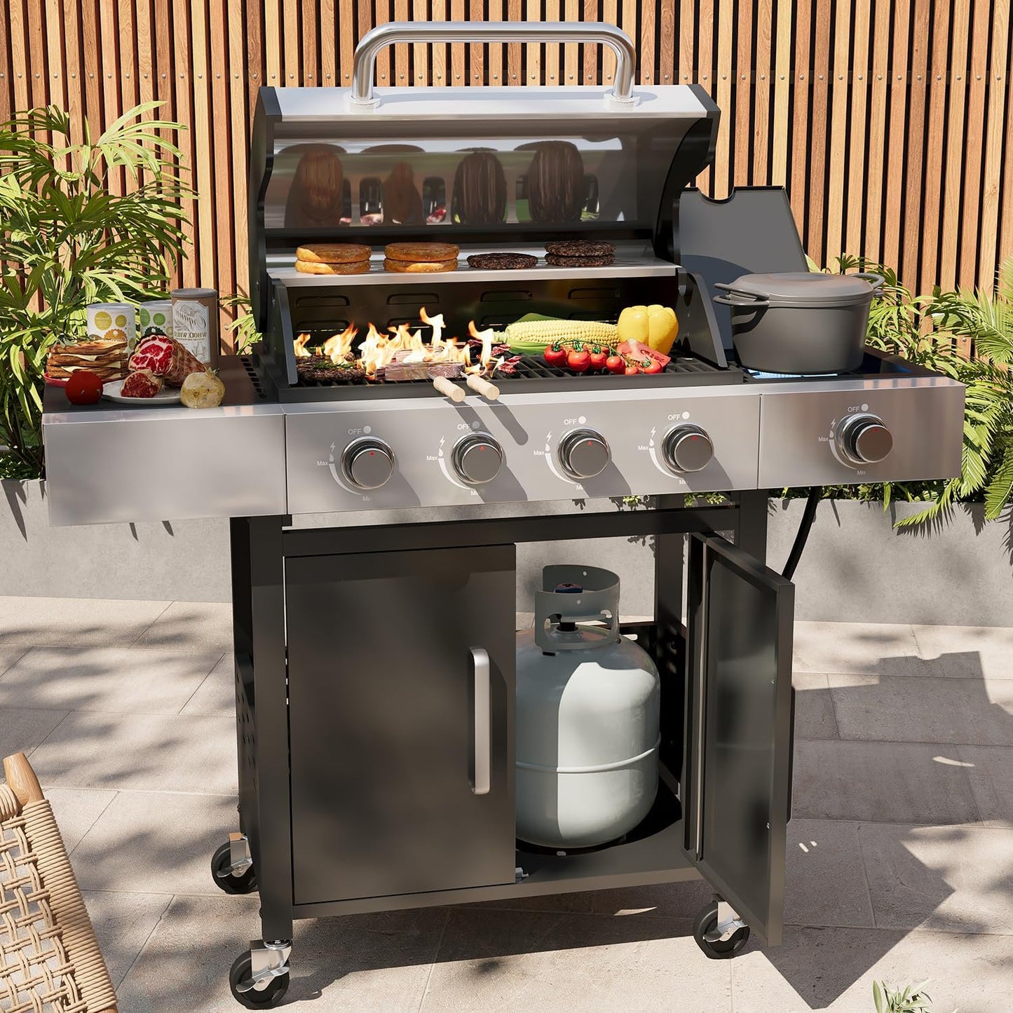 Clouddwell Designs 4-Burner Propane Gas BBQ Grill with Side Burner & Porcelain-Enameled Cast Iron Grates, 42,000 BTU Output Stainless Steel Grill for Outdoor Cooking Kitchen