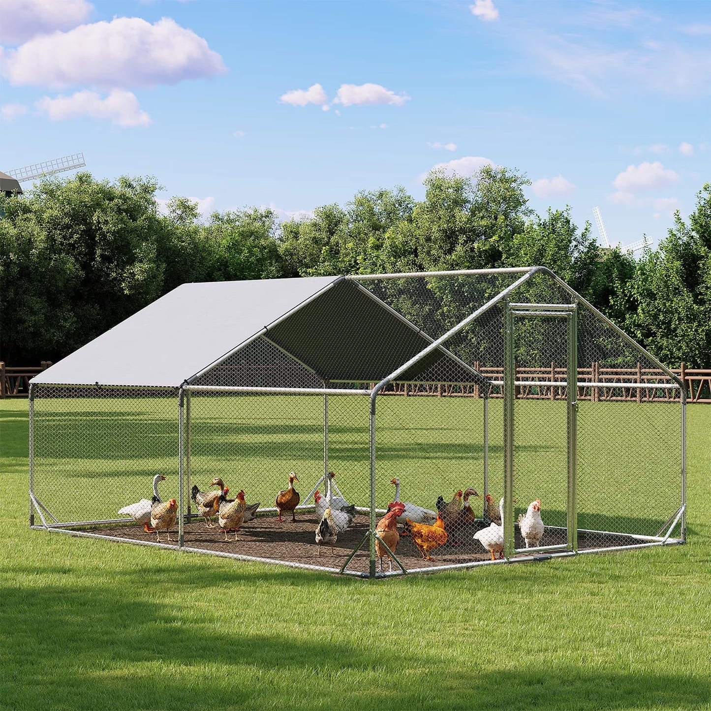 Clouddwell 128 Sq Ft Large Walk-In Chicken Coop with Waterproof Spire Roof - Heavy-Duty Metal Outdoor Poultry Run & Duck House for 10-15 Chickens
