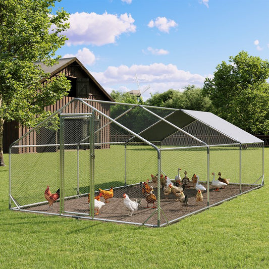 Clouddwell Large Metal Chicken Coop Duck House with Waterproof Spire Roof, Outdoor Poultry Walk-in Run Cage - 9.8' L x 19.7' W x 6.4' H