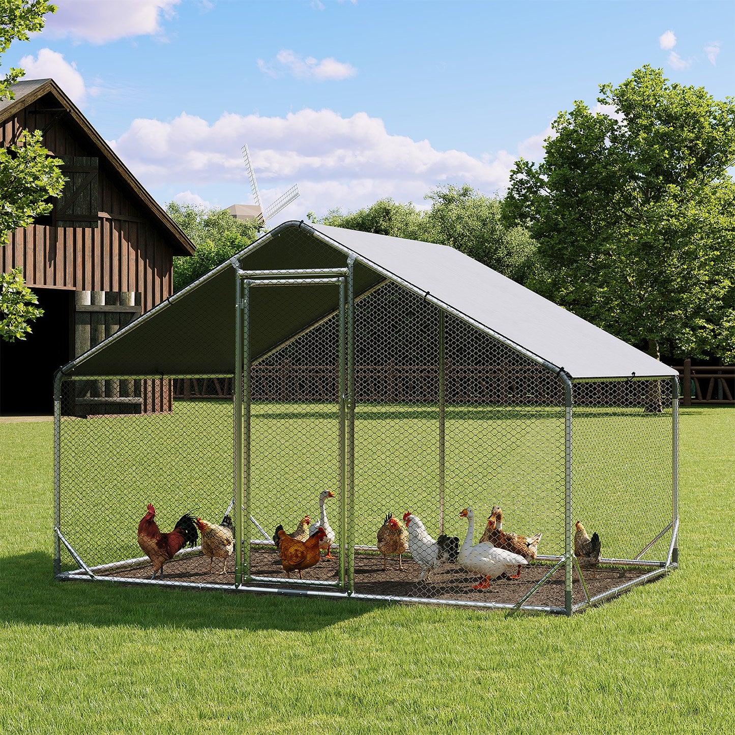 Clouddwell Large Metal Chicken Coop Duck House with Waterproof Spire Roof, Outdoor Poultry Walk-in Run Cage - 9.8' L x6.6' W x 6.4' H