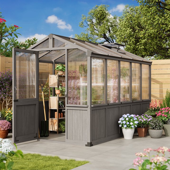 Clouddwell Large Outdoor Wooden Storage Shed, Polycarbonate Panels with Automatic Roof Vent & Lockable Door, Outdoor Walk-in Garden Greenhouse, 6x10 FT, Gray
