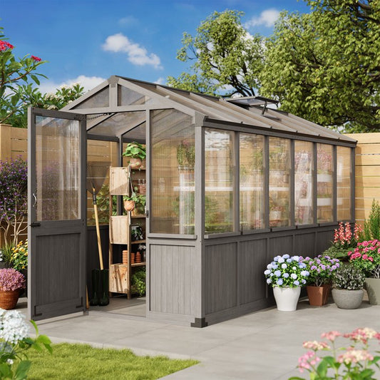 Clouddwell Large Outdoor Wooden Storage Shed, Polycarbonate Panels with Automatic Roof Vent & Lockable Door, Outdoor Walk-in Garden Greenhouse, 6x12 FT, Gray