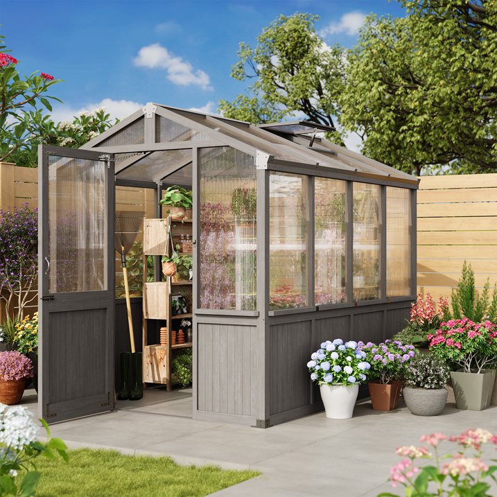 Clouddwell Large Outdoor Wooden Storage Shed, Polycarbonate Panels with Automatic Roof Vent & Lockable Door, Outdoor Walk-in Garden Greenhouse, 6x8 FT, Gray