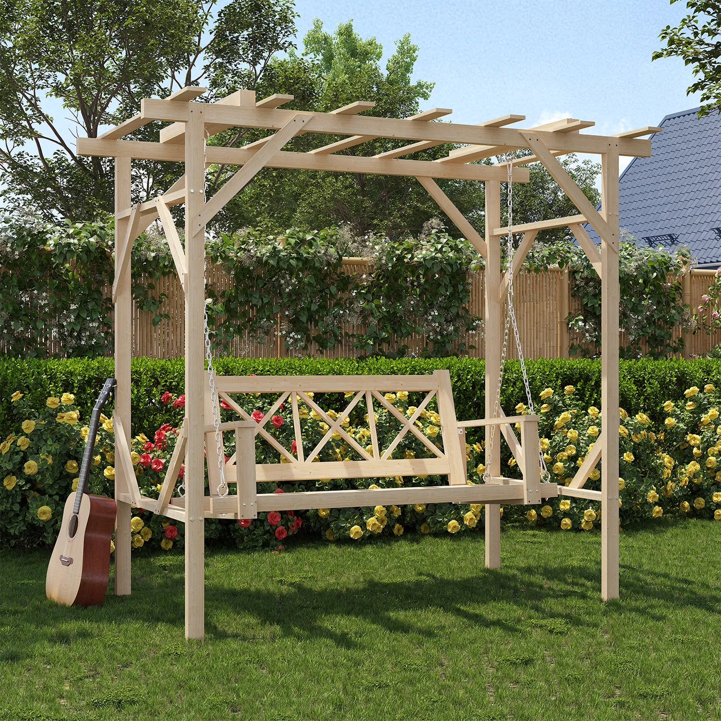 Clouddwell Natural Cedar Wood 3-Seat Pergola Swing Bench with Canopy & Stand Patio Hammock Swing Set with Metal Chains for Backyard, Garden, Porch