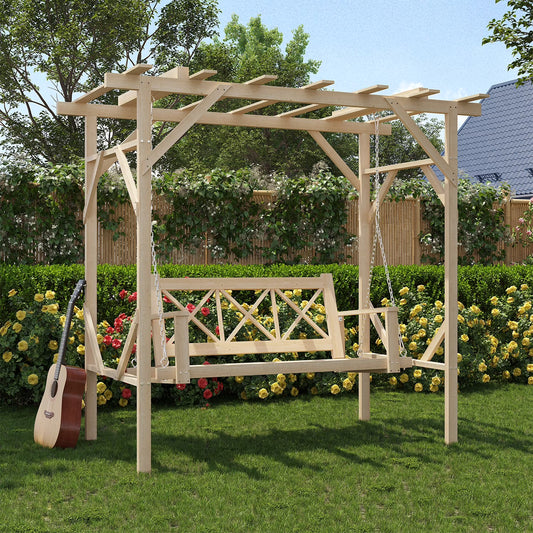 Clouddwell Natural Cedar Wood 3-Seat Pergola Swing Bench with Canopy & Stand Patio Hammock Swing Set with Metal Chains for Backyard, Garden, Porch