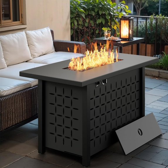 Clouddwell Outdoor 43" 50,000 BTU Propane Gas Fire Pit Table, Ceramic Tabletop and Rattan Weaved Iron Frame, Water-Proof Oxford Cover, Glass Wind Guard