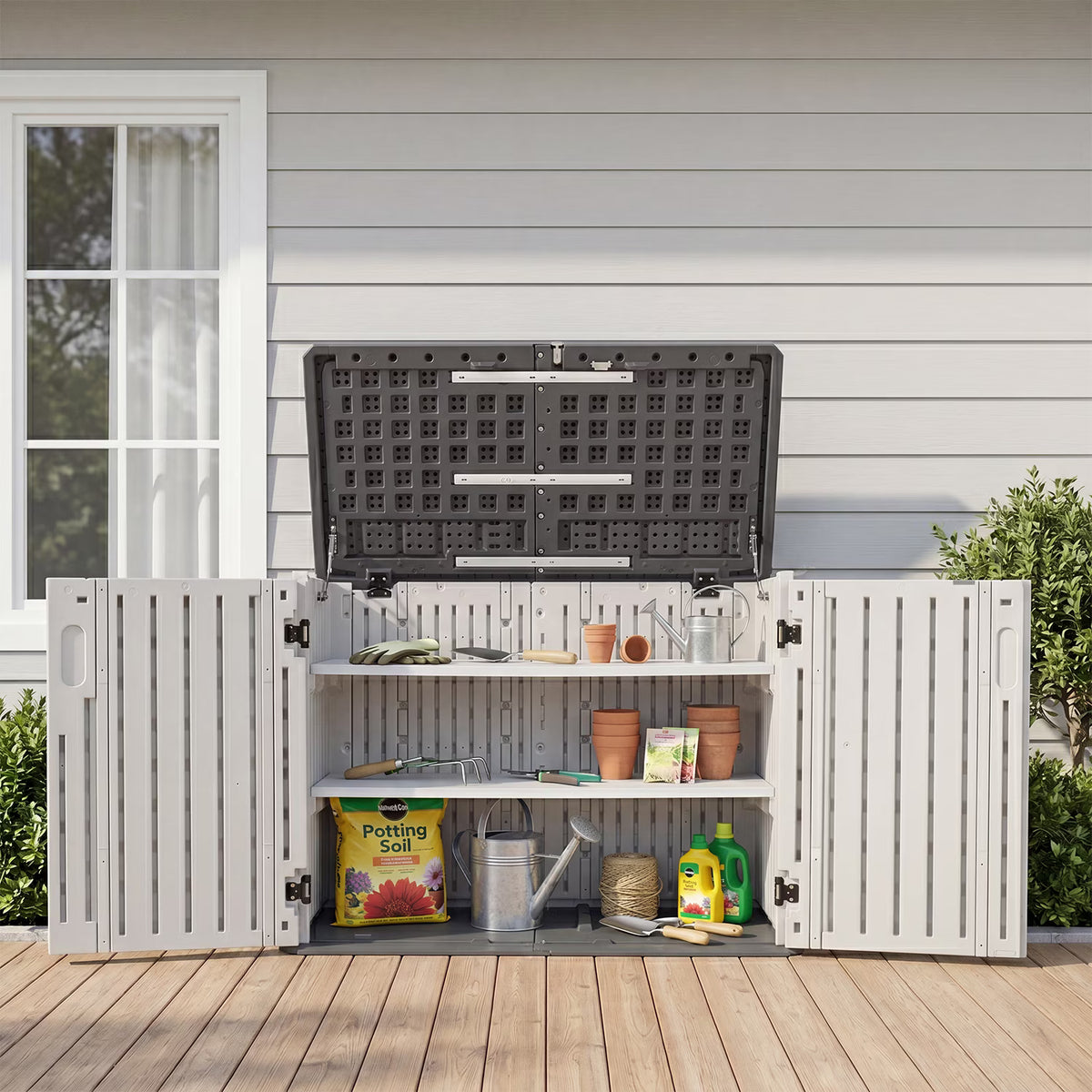 Dateyes 35 Cu.Ft Resin Outdoor Storage Shed, Waterproof Patio Storage Sheds with Floor, Weather-Resistant Vertical Outdoor Storage Cabinet (White with Shelf)