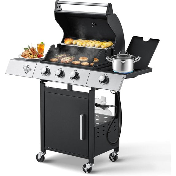Clouddwell Stainless Steel Burner Barbecue Grill, 3 Burner BBQ Propane Gas Grill with Cast Iron Grates & Side Stove for Patio, Camping, Outdoor Cooking
