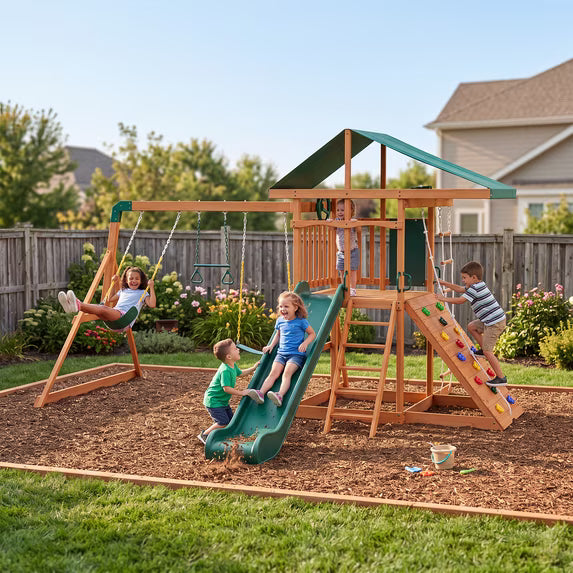 Clouddwell Wooden Backyard Swing Set, Outdoor Playset for Children Wave Slide, Double Rock Wall, Rope Ladder, Web Swing, Belt Swings, Toy Telescope, Steering Wheel
