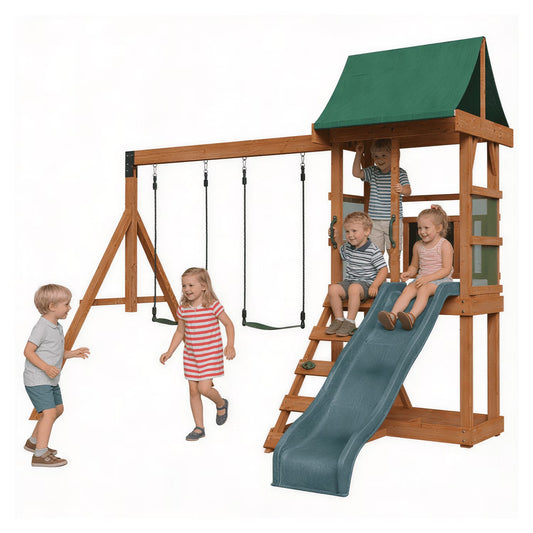 Clouddwell Wooden Swing Set for Backyard Playground Swingset with Slide Kid Outdoor Play Set with Play Deck, Rock Wall Ladder, Belt Swings, Chalkboard