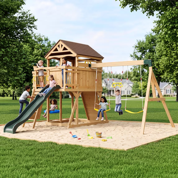 Clouddwell Wooden Swing Sets for Backyard – Outdoor Playset with Wave Slide, Raised Clubhouse, Wooden Bridge, Rock Wall, Belt Swings, Web Swing, Trapeze, Balcony, Climbing Wall & Ladder