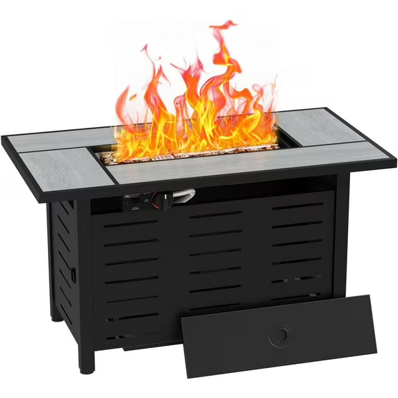 ClouddwellOutdoor 45" 50,000 BTU Propane Gas Fire Pit Table, Ceramic Tabletop and Rattan Weaved Iron Frame, Water-Proof Oxford Cover, Glass Wind Guard