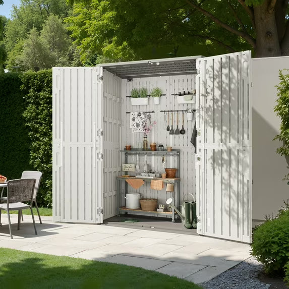 Cloudwell Outdoor Storage Shed, 64 Cu.Ft Vertical Waterproof Resin Storage Cabinet for Garage Storage, Pool Storage, Bike Shed, Garden Tools, Patio Furniture, White