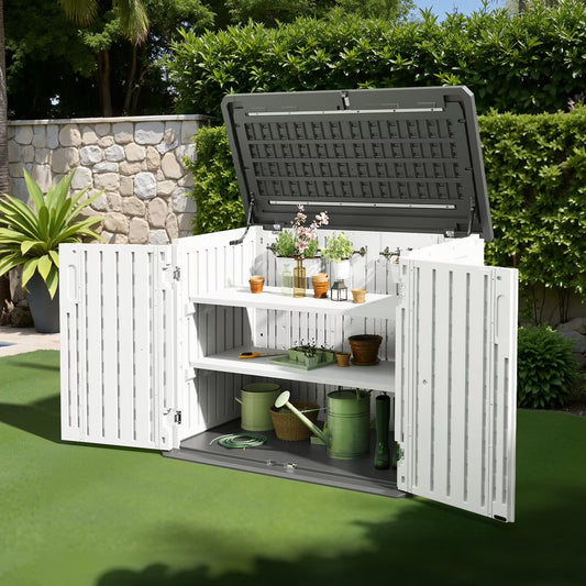 Cloudwell Outdoor Storage Shed with Metal Shelving Kit & Floor , 35 Cu.Ft Vertical Waterproof Resin Storage Cabinet for Garage Storage, Pool Storage, Bike Shed, Garden Tools, Patio Furniture, White