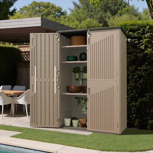 Cloudwell Outdoor Storage Shed with Metal Shelving Kit & Floor , 64 Cu.Ft Vertical Waterproof Resin Storage Cabinet for Garage Storage, Pool Storage, Bike Shed, Garden Tools, Patio Furniture, Brown