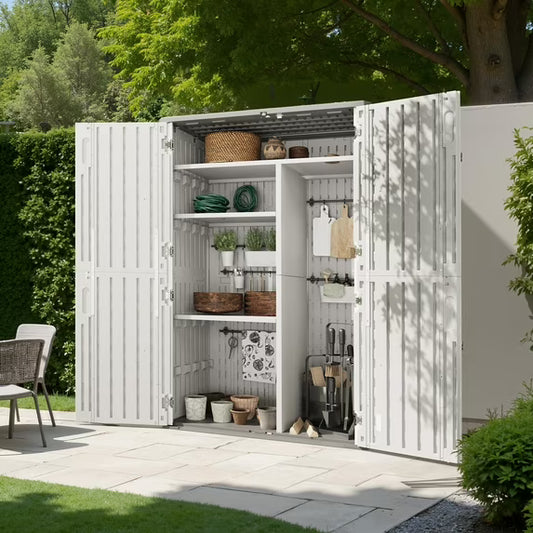 Cloudwell Outdoor Storage Shed with Metal Shelving Kit & Floor , 64 Cu.Ft Vertical Waterproof Resin Storage Cabinet for Garage Storage, Pool Storage, Bike Shed, Garden Tools, Patio Furniture, White