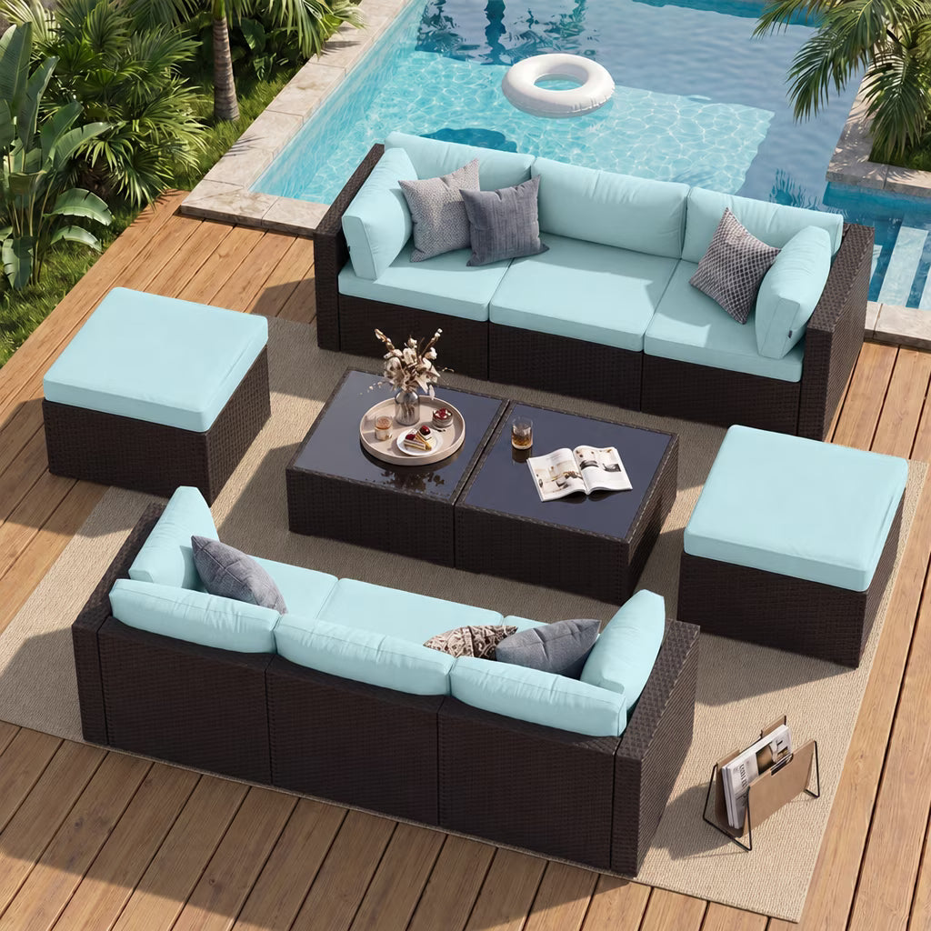 Dateyes 10 Pieces Patio Furniture Set, All-Weather Wicker Rattan Patio Sectional Sofa Set with Coffee Table and Waterproof Cover(Light Blue)