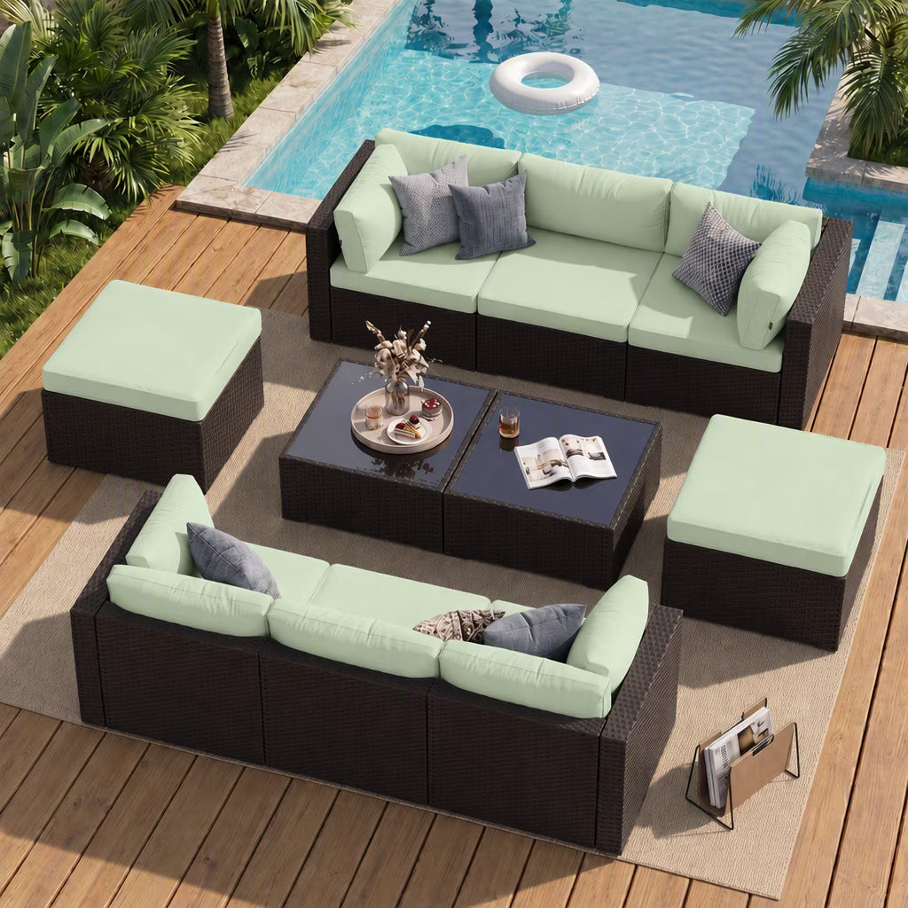 Dateyes 10 Pieces Patio Furniture Set, All-Weather Wicker Rattan Patio Sectional Sofa Set with Coffee Table and Waterproof Cover(Light Green)