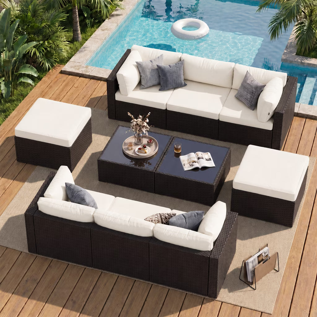 Dateyes 10 Pieces Patio Furniture Set, All-Weather Wicker Rattan Patio Sectional Sofa Set with Coffee Table and Waterproof Cover(Off-White)