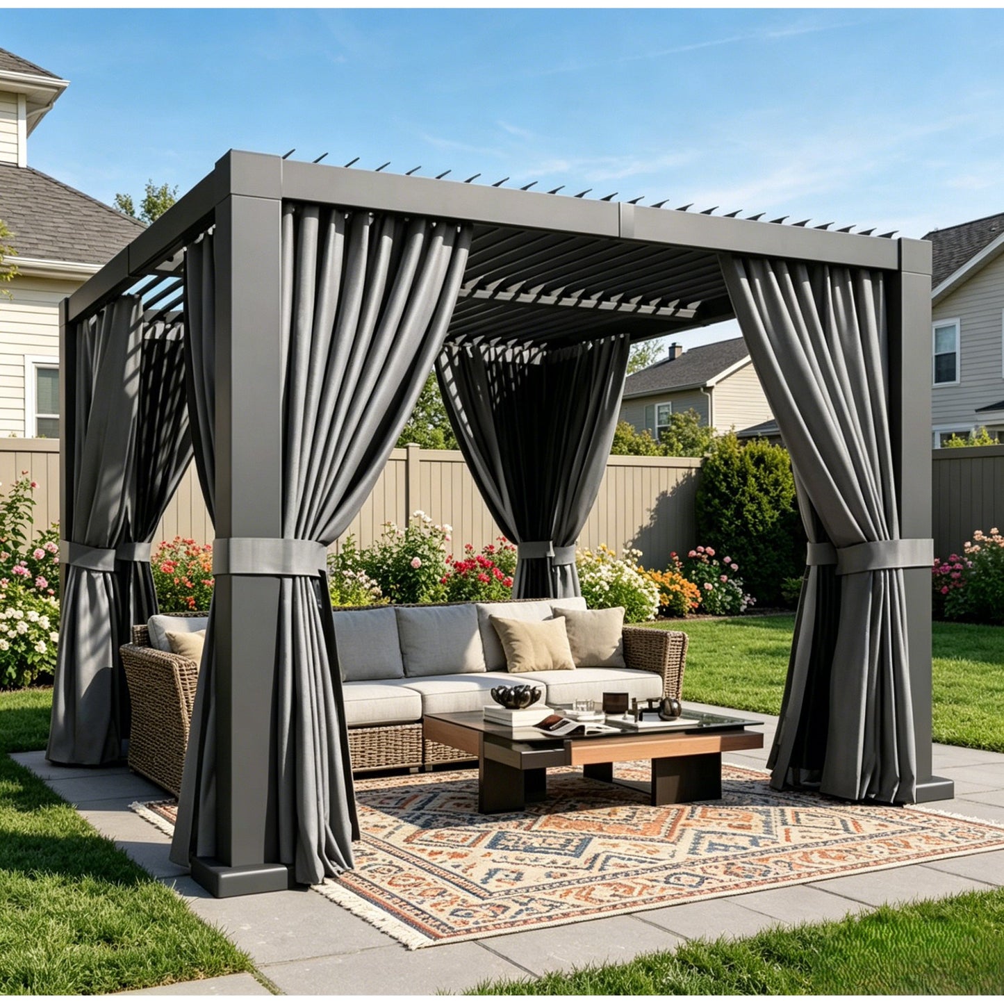 Sunmthink 10' x 10' Louvered Pergola, Outdoor Aluminum Pergola with Curtains & Netting for Decks, Gardens and Backyards, Gray