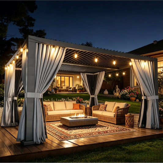 Sunmthink 10' x 12' Louvered Pergola, Outdoor Aluminum Pergola with Curtains & Netting for Decks, Gardens and Backyards, Gray
